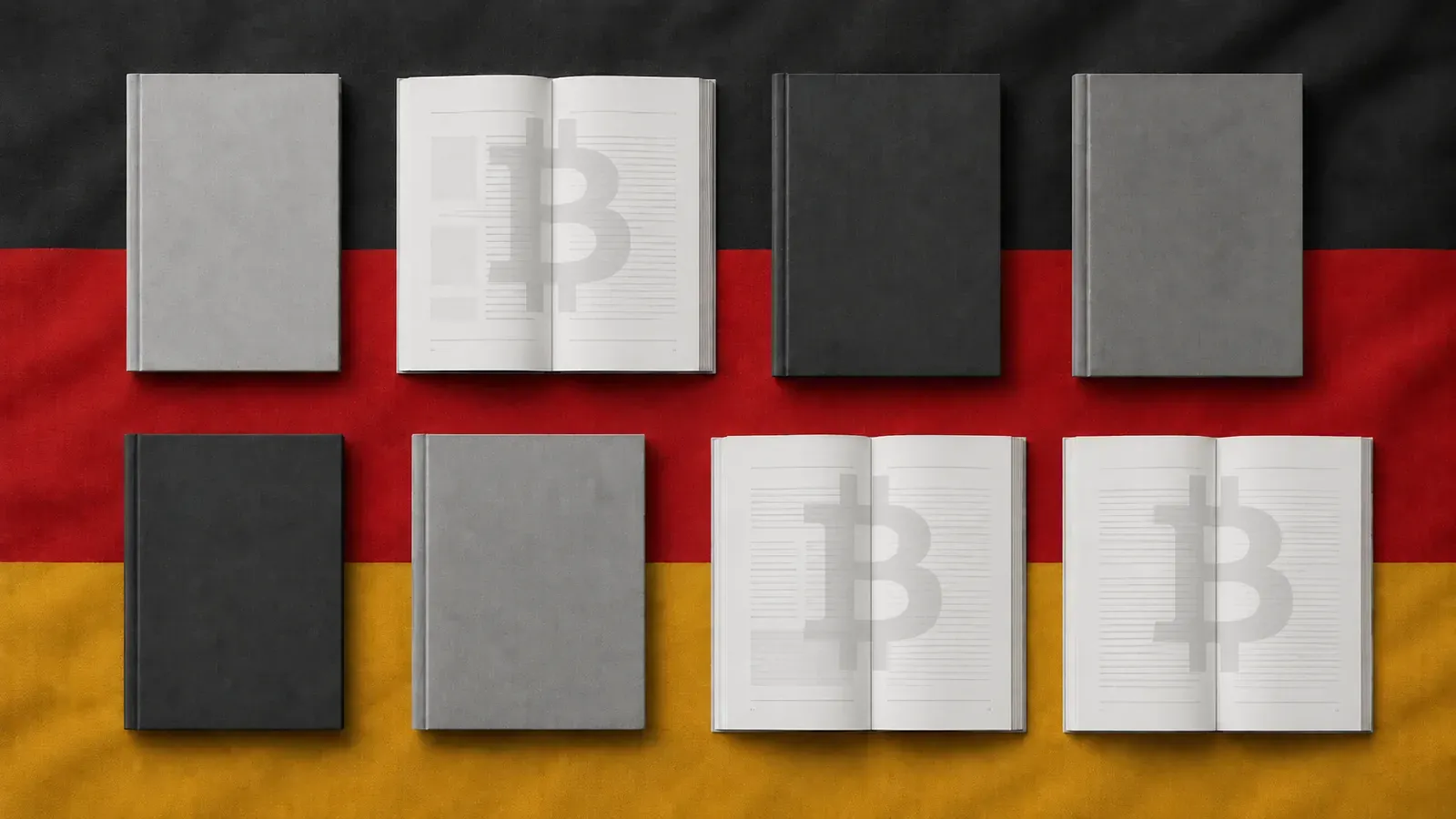 German flag with eight books — three open showing a Bitcoin watermark representing the parties whose programmes back crypto, five closed