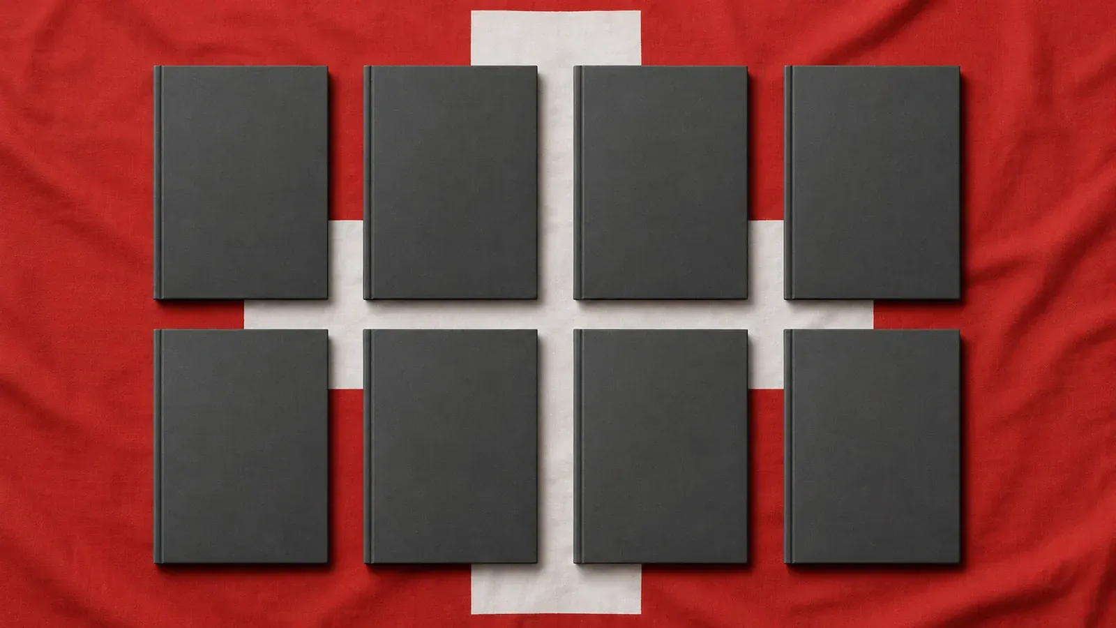 Swiss flag with eight closed black books arranged in two rows representing the eight national parties — none currently support crypto policy